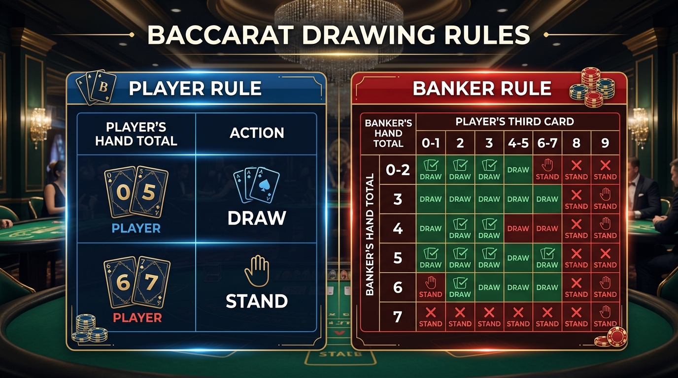 Baccarat Online - Tặng Ngay 100K Cho Tân Thủ | Thưởng Nạp 100% 87 📷 Ảnh 2: Sơ đồ luồng quyết định rút bài — Player rule và Banker rule phân biệt màu sắc
