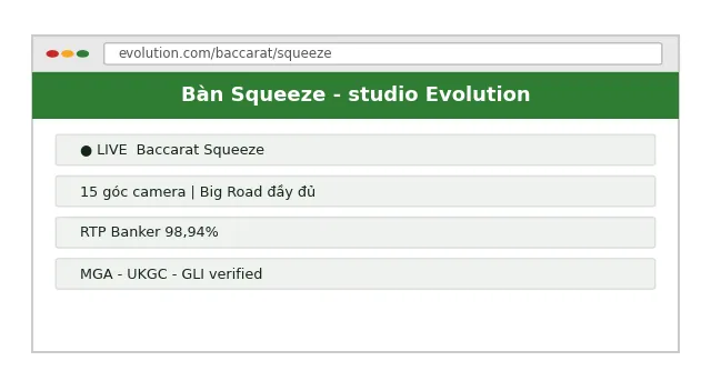 Bàn Baccarat Squeeze tại studio Evolution với 15 góc camera