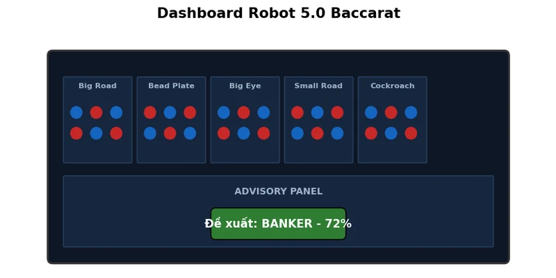 Tool Robot 5.0 Baccarat: Review thực chiến 200 ván & cách tải 2026 2 Dashboard Robot 5.0 Baccarat với 5 bảng cầu và advisory panel